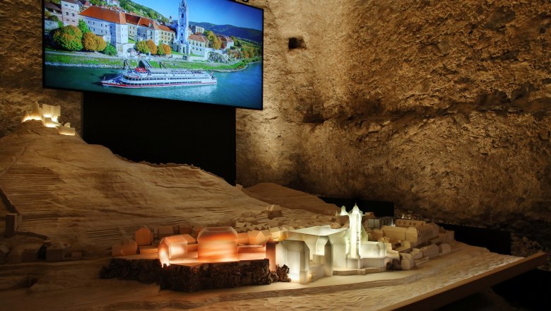 Ausstellung im Stift Dürnstein, © Weinfranz Modell von Dürnstein mit beleuchtetem Stift und Foto im Hintergrund.