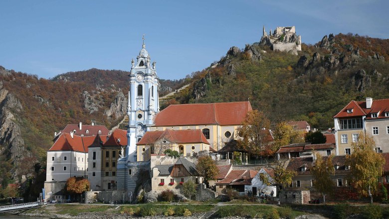 Panorama Dürnstein, © Uwe Krauss Panorama von Dürnstein mit Kirche und Burgruine auf einem Hügel.