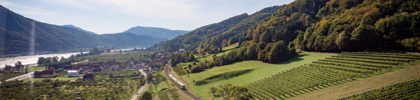 Panoramabild über Donau, Wachaubahn und Weingärten