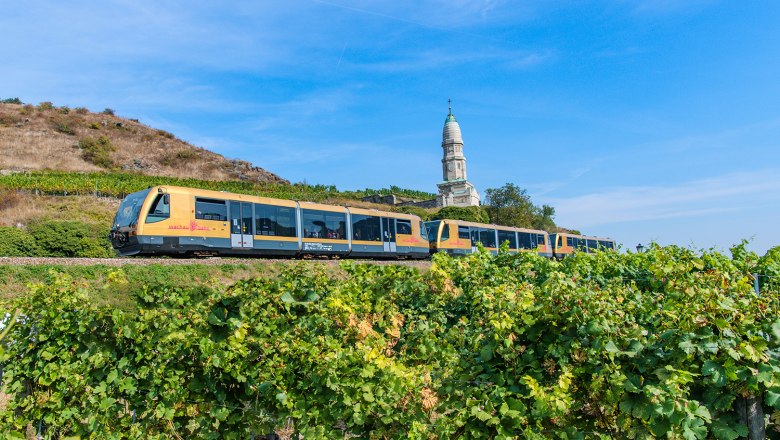 Die Wachaubahn führt durch Weingärten am Franzosendenkmal vorbei