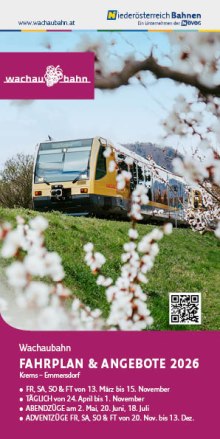 Goldener Zug der Wachaubahn fährt auf Gleisen, im Vordergrund blühende weiße Marillenblütenzweige, blauer Himmel.