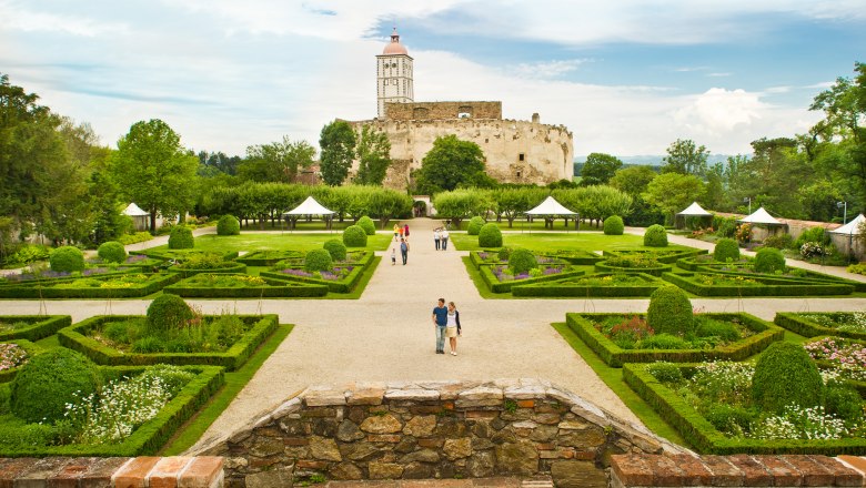 Renaissanceschloss Schallaburg mit gepflegtem Garten und Besuchern.