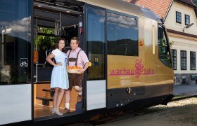 P&auml;rchen in Trachtenkleidung mit einem Korb voll Marillen steht beim Eingang der Wachaubahn
