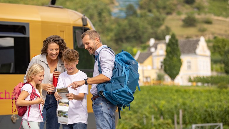 Elternpaar und 1 Bub und 1 Mädchen studieren eine Karte der Wachau. Im Hintergrund ist die Wachaubahn zu sehen.