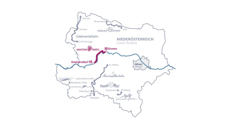 illustrierte Niederösterreich Karte mit Anreise zur Wachaubahn